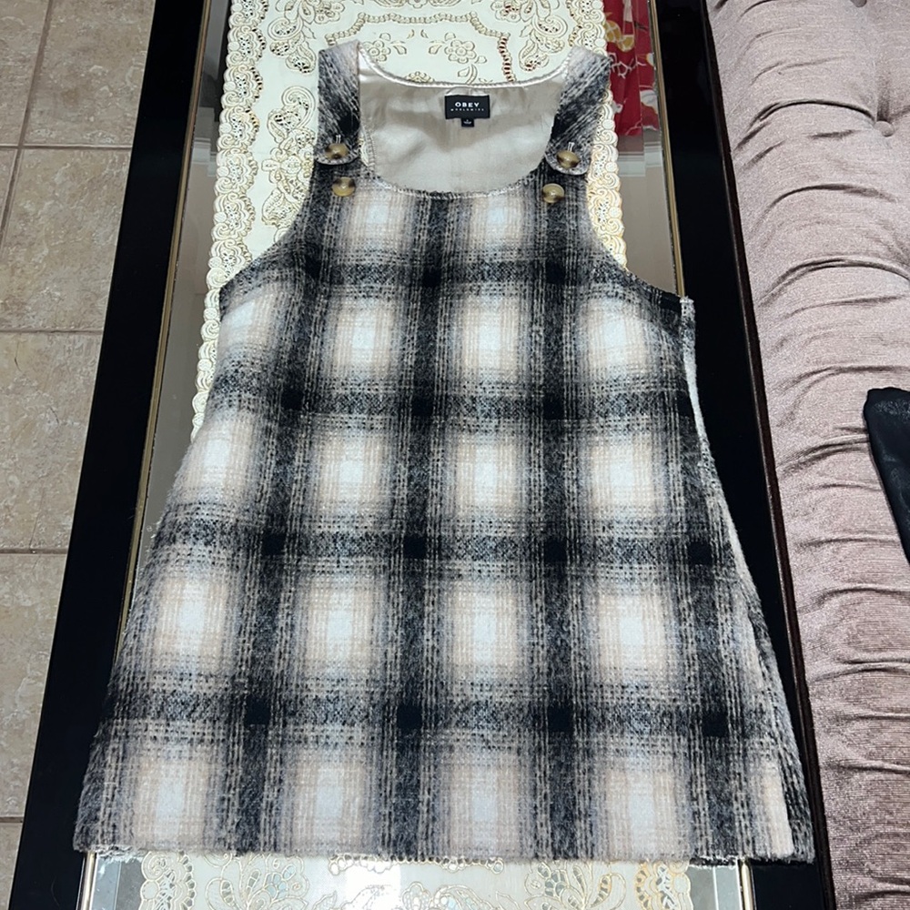 Obey tan and black plaid pinafore dress